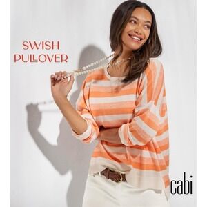 Cabi Striped Swish Linen Blend‎ Oversized Sweater XS Coral Pullover Knit Top